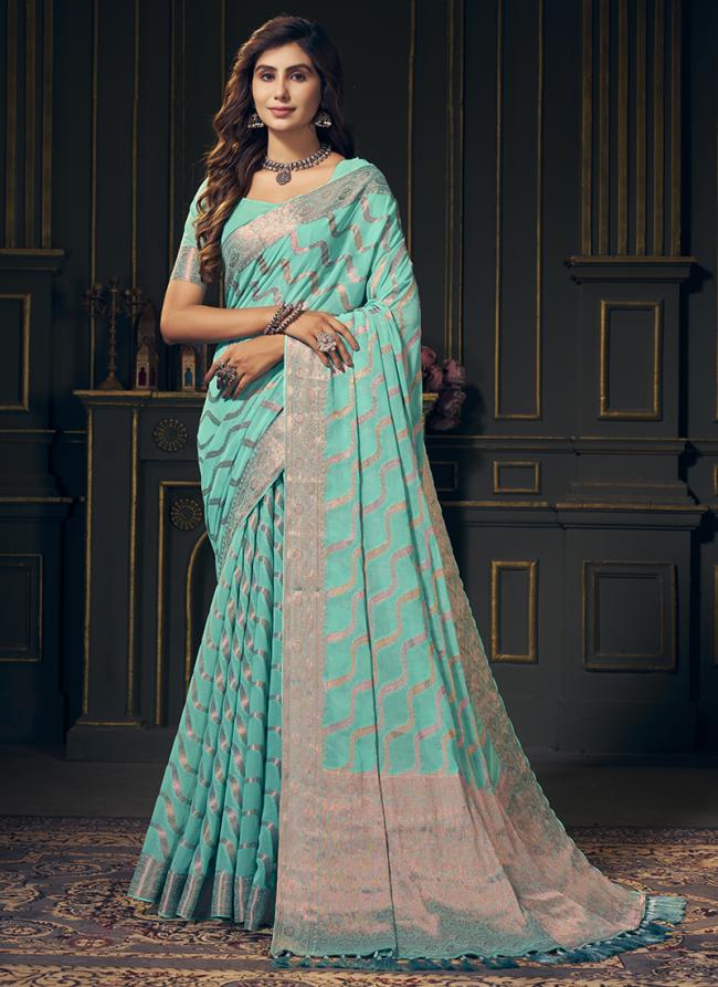 Pure Georgette Aqua Blue Traditional Wear Weaving Saree